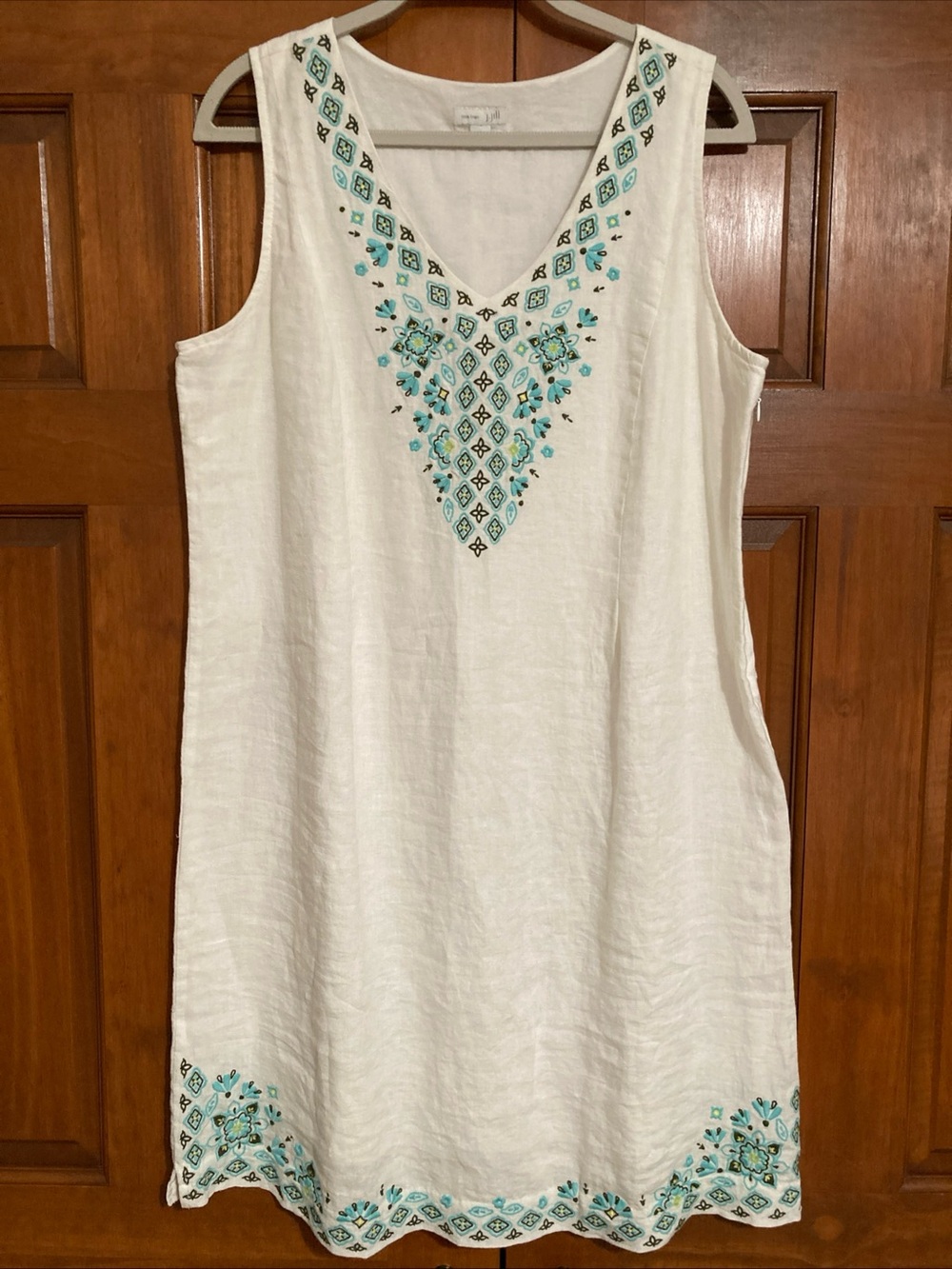J. Jill White Linen Sleeveless V-Neck Dress with Turquoise Embroidery large - Picture 2 of 8